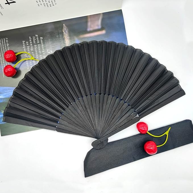 Black Folding Hand Classic Style Fan Fabric Bamboo Ribs Hand Held Foldable Fan for Wedding, Party Favor, Performance, Dance, Home Decorations, Festival, Gift
