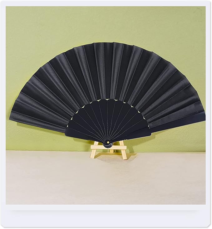 Black Folding Hand Fans Fabric Fans Style Summer Handheld Fan for Party, Wedding, Gifts, Wall Decoration,Photographic Props (Black-4pcs)