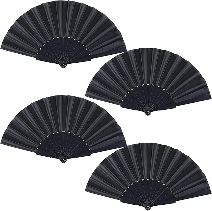 Black Folding Hand Fans Fabric Fans Style Summer Handheld Fan for Party, Wedding, Gifts, Wall Decoration,Photographic Props (Black-4pcs)
