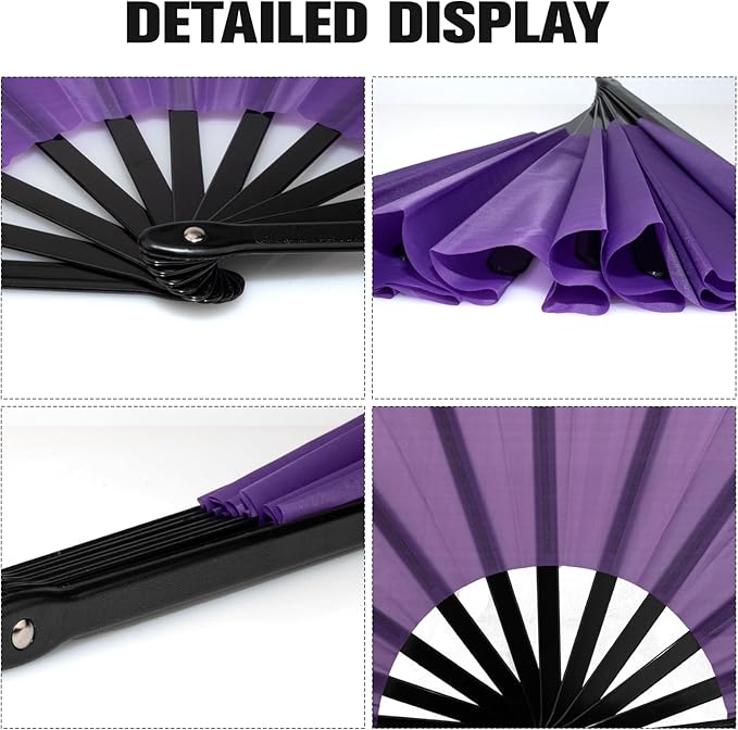 2 PCS Large Rave Fan Folding Clack Popping Line Dancing Fans Boots On The Ground Fans, Hand Fans for Halloween, Burlesque, Rainbow Outfits,Black,Purple