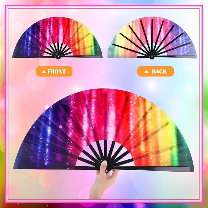Large Folding Hand Rave Fans for Line Dancing Large Handheld Tai Ji Fans for Men and Women, Kungfu, Martial Art, Gifts, Music Festival Party(Iridescent,2 Pack)