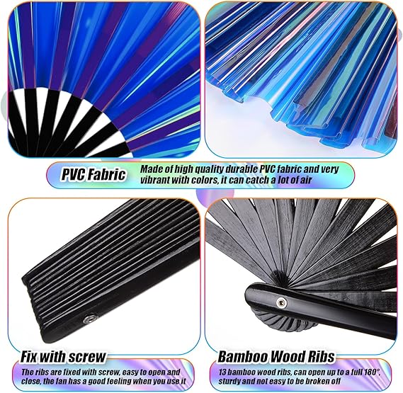 Large Rave Fan Clap Fans for Line Dancing Large Holographic Folding Hand Fans for Men and Women, Festival, Tai Ji, Kungfu, Martial Art, Gifts, Party