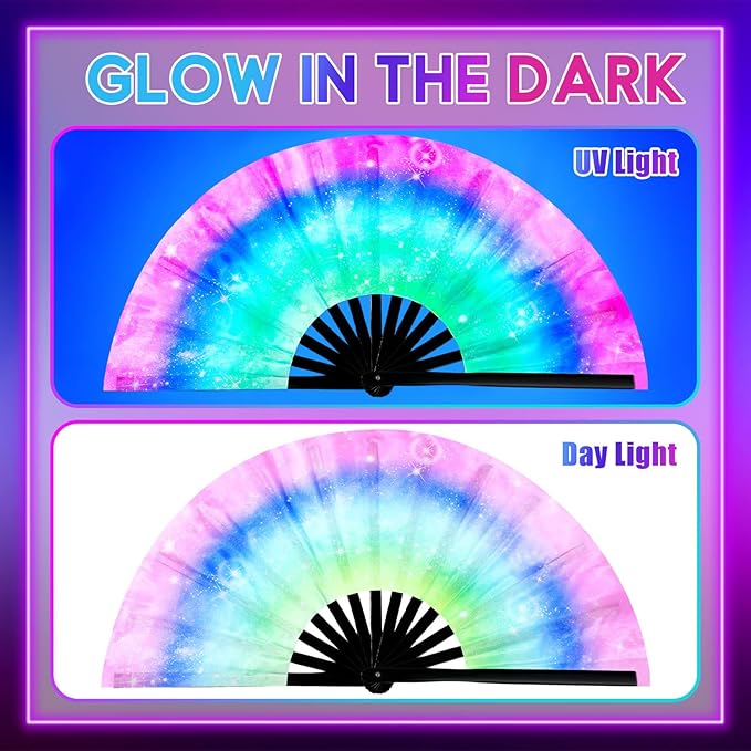 2 Pcs Large Folding Hand Silk Fans Handheld UV Glow Tai Ji Fan for Men Women for Festival, Line Dance, Kungfu, Martial Art, Music Festival Party, Performance(Glitter Gradient)