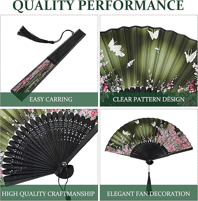 4 Pack Handheld Floral Folding Fans Hand Held Silk Bamboo Fans with Tassel Women Hollowed Hand Foldable Fan with Fabric Sleeve for Dancing Wedding Decoration Gifts(Lively)