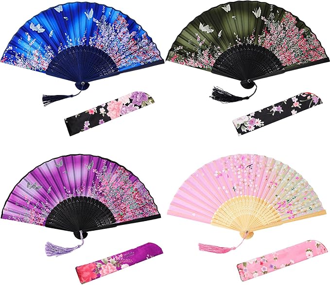 4 Pack Handheld Floral Folding Fans Hand Held Silk Bamboo Fans with Tassel Women Hollowed Hand Foldable Fan with Fabric Sleeve for Dancing Wedding Decoration Gifts(Lively)