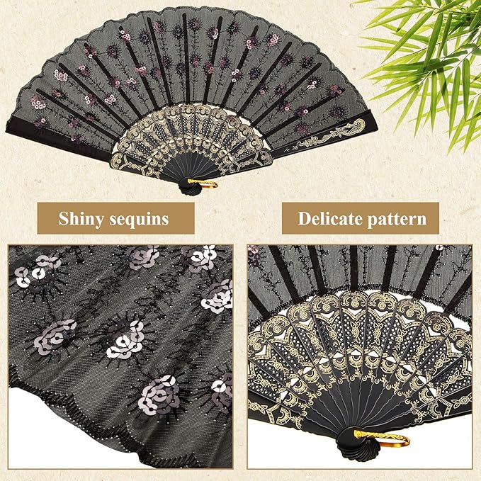 2 Pieces Handheld Folding Fan Sequin Fabric Folding Lace Trim Fabric Rave Fan for Line Dancing Decoration(Red, Black)
