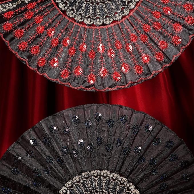 2 Pieces Handheld Folding Fan Sequin Fabric Folding Lace Trim Fabric Rave Fan for Line Dancing Decoration(Red, Black)