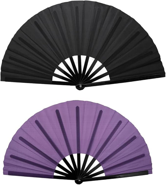 2 PCS Large Rave Fan Folding Clack Popping Line Dancing Fans Boots On The Ground Fans, Hand Fans for Halloween, Burlesque, Rainbow Outfits,Black,Purple