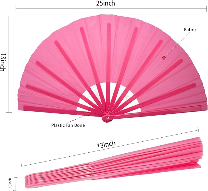 2 PCS Large Rave Fans Clack Fans Popping Line Dancing Fans Boots On The Ground Fans, Hand Folding Fans for Halloween, Burlesque, Rainbow Outfits,Gift,Deep Pink,Pink