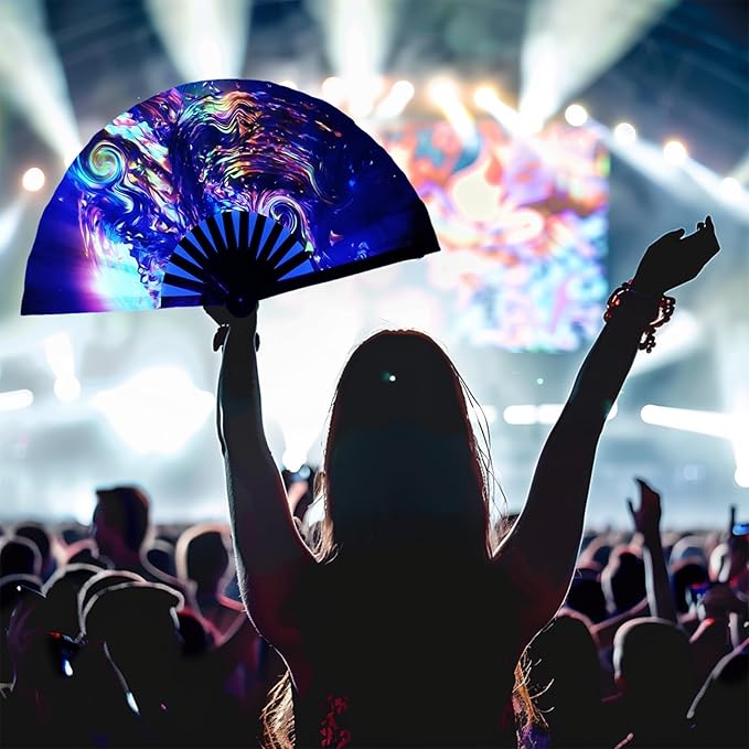 13‘’ UV Glow Large Rave Fan for Men Women, Decorative Folding Hand Fan for Party, Home Decoration, Gift, Music Festival Essential, Rave Accessories (Waves)