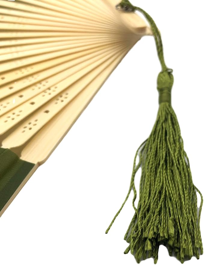Fabric Handheld Folding Hand Fan With a Tassel Grade A Bamboo Ribs for Women Girls Summer Party Event Favor Birthday Wedding Souvenir Gift (Moss/Olive Green)