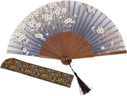 Charming Elegant Modern Woman Handmade Bamboo Silk 8.27" (21cm) Folding Pocket Purse Hand Fan, Collapsible Transparent Holding Painted Fan with Silk Pouches/Wrapping.