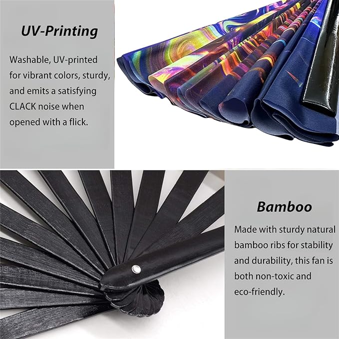 13‘’ UV Glow Large Rave Fan for Men Women, Decorative Folding Hand Fan for Party, Home Decoration, Gift, Music Festival Essential, Rave Accessories (Waves)