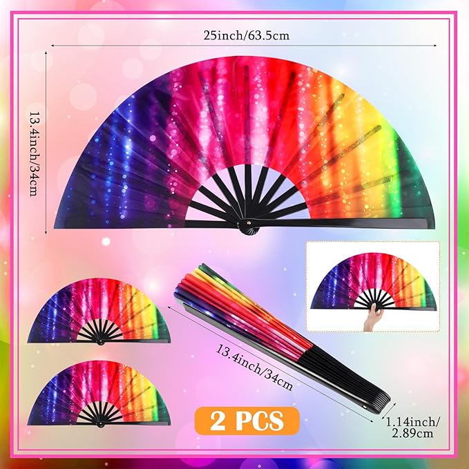 Large Folding Hand Rave Fans for Line Dancing Large Handheld Tai Ji Fans for Men and Women, Kungfu, Martial Art, Gifts, Music Festival Party(Iridescent,2 Pack)