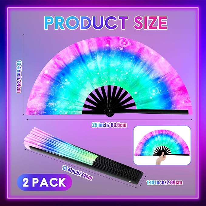 2 Pcs Large  Folding Hand Silk Fans Handheld UV Glow Tai Ji Fan for Men Women for Festival, Line Dance, Kungfu, Martial Art, Music Festival Party, Performance(Glitter Gradient)