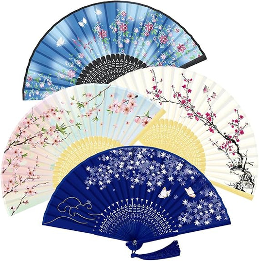 Handheld Fan, 4 PCS Hand Fan, Folding Fan for Women Foldable, Silk Bamboo Hand Held Fan, Paper Hand Fan