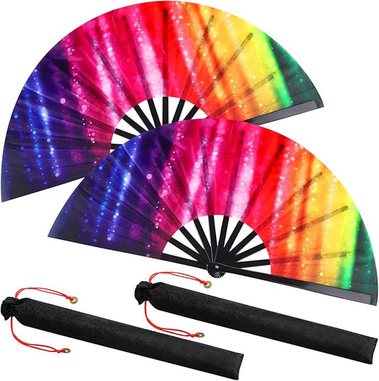 Large Folding Hand Rave Fans for Line Dancing Large Handheld Tai Ji Fans for Men and Women, Kungfu, Martial Art, Gifts, Music Festival Party(Iridescent,2 Pack)