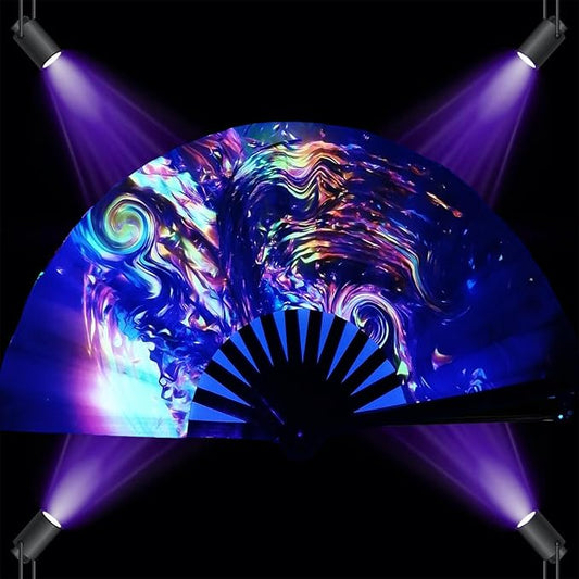 13‘’ UV Glow Large Rave Fan for Men Women, Decorative Folding Hand Fan for Party, Home Decoration, Gift, Music Festival Essential, Rave Accessories (Waves)