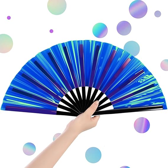 Large Rave Fan Clap Fans for Line Dancing Large Holographic Folding Hand Fans for Men and Women, Festival, Tai Ji, Kungfu, Martial Art, Gifts, Party