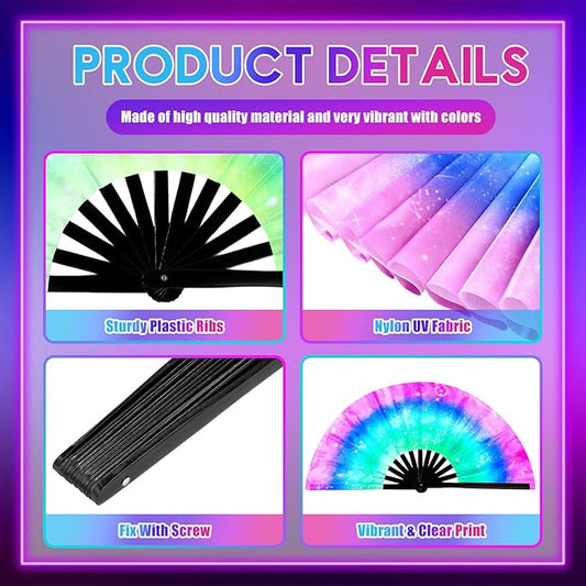 2 Pcs Large  Folding Hand Silk Fans Handheld UV Glow Tai Ji Fan for Men Women for Festival, Line Dance, Kungfu, Martial Art, Music Festival Party, Performance(Glitter Gradient)