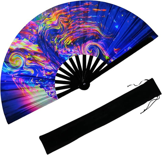 13‘’ UV Glow Large Rave Fan for Men Women, Decorative Folding Hand Fan for Party, Home Decoration, Gift, Music Festival Essential, Rave Accessories (Waves)