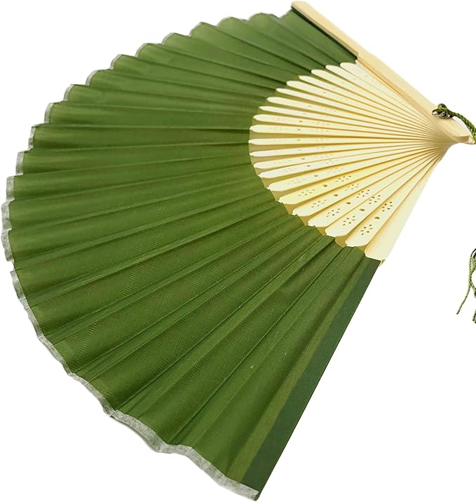 Fabric Handheld Folding Hand Fan With a Tassel Grade A Bamboo Ribs for Women Girls Summer Party Event Favor Birthday Wedding Souvenir Gift (Moss/Olive Green)