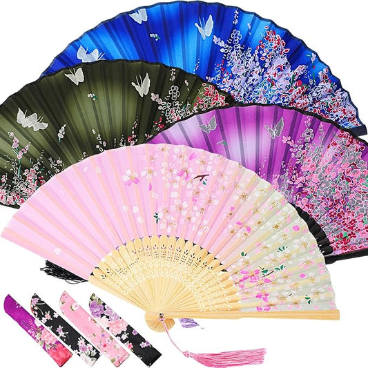4 Pack Handheld Floral Folding Fans Hand Held Silk Bamboo Fans with Tassel Women Hollowed Hand Foldable Fan with Fabric Sleeve for Dancing Wedding Decoration Gifts(Lively)