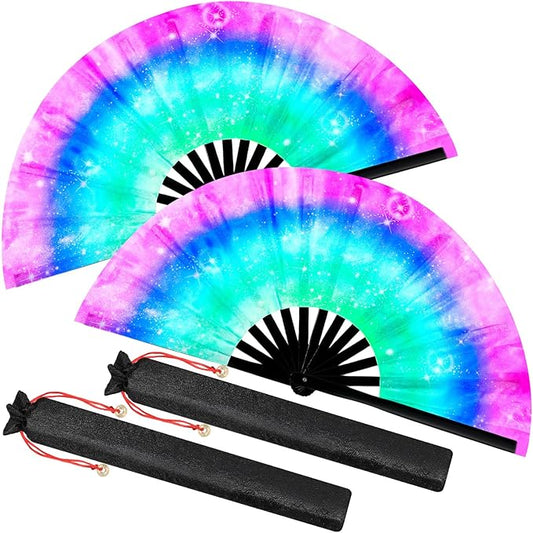 2 Pcs Large  Folding Hand Silk Fans Handheld UV Glow Tai Ji Fan for Men Women for Festival, Line Dance, Kungfu, Martial Art, Music Festival Party, Performance(Glitter Gradient)