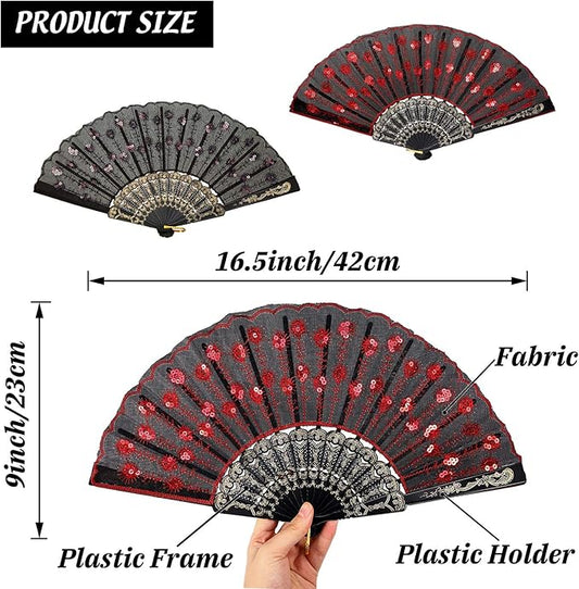 2 Pieces Handheld Folding Fan Sequin Fabric Folding Lace Trim Fabric Rave Fan for Line Dancing Decoration(Red, Black)
