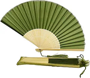 Fabric Handheld Folding Hand Fan With a Tassel Grade A Bamboo Ribs for Women Girls Summer Party Event Favor Birthday Wedding Souvenir Gift (Moss/Olive Green)