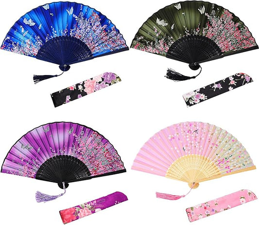 4 Pack Handheld Floral Folding Fans Hand Held Silk Bamboo Fans with Tassel Women Hollowed Hand Foldable Fan with Fabric Sleeve for Dancing Wedding Decoration Gifts(Lively)