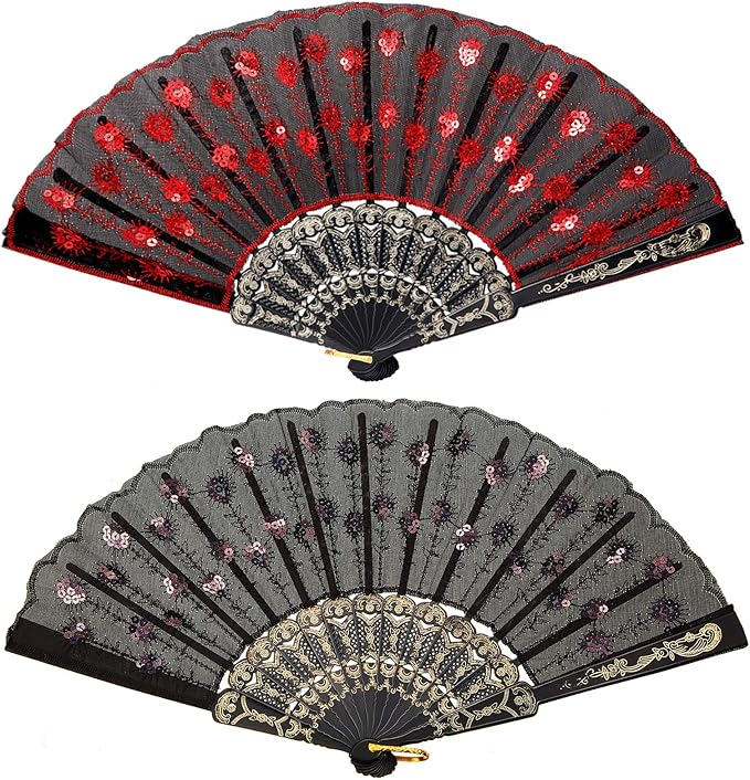 2 Pieces Handheld Folding Fan Sequin Fabric Folding Lace Trim Fabric Rave Fan for Line Dancing Decoration(Red, Black)