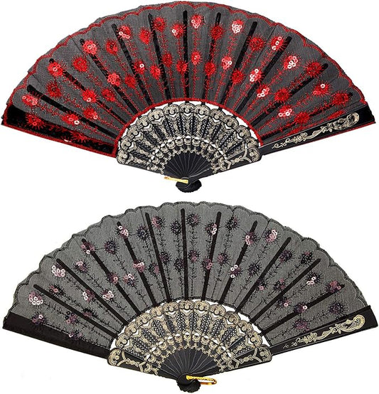 2 Pieces Handheld Folding Fan Sequin Fabric Folding Lace Trim Fabric Rave Fan for Line Dancing Decoration(Red, Black)